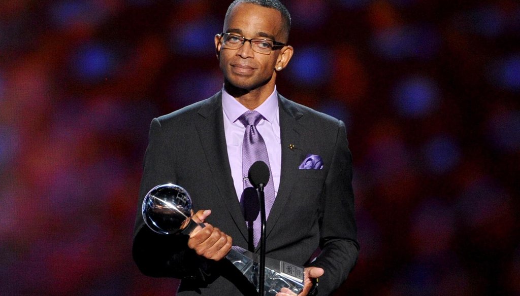 Longtime ESPN anchor Stuart Scott died Jan. 4, 2015, at the age of 49. A website claimed Fox News mixed up Scott with another ESPN personality, Stephen A. Smith. (Getty)