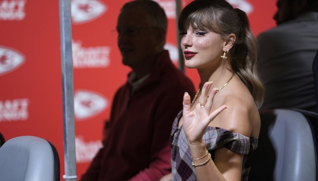 Taylor Swift arrives before the start of an NFL football game between the Kansas City Chiefs and the New Orleans Saints, Oct. 7, 2024, in Kansas City, Mo. (AP)