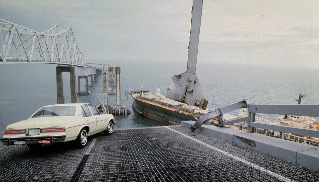 A car is halted at the edge of the Sunshine Skyway Bridge across Tampa Bay, Florida, after the freighter Summit Venture struck the bridge on May 9, 1980, during a thunderstorm and tore away a large part of the span, May 1980. (AP)