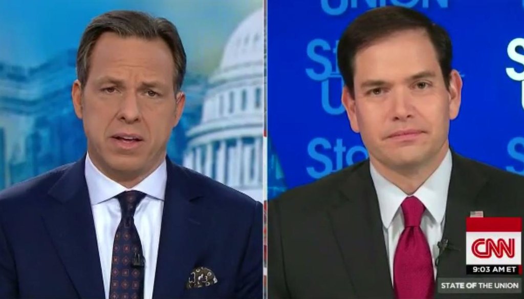 Jake Tapper grills Sen. Marco Rubio, R-Fla., on Syria, gun control and terrorism on the Dec. 6, 2015, edition of "State of the Union." (Screengrab)