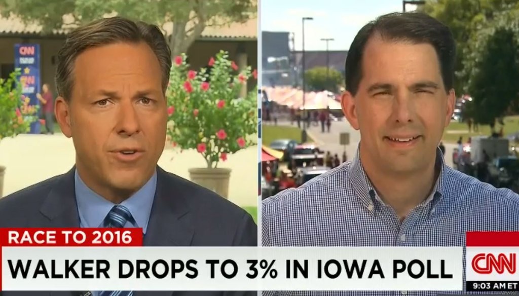 Gov. Scott Walker, R-Wis., talked about his record in an interview with Jake Tapper on CNN's "State of the Union." (Screengrab)