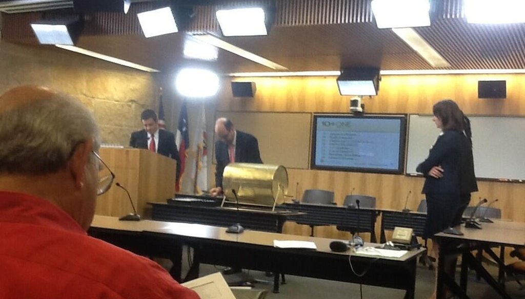 Names are drawn for the first members of Austin’s district-drawing commission in this photo live-tweeted on the @austintexasgov account May 22, 2013. Alan McQuinn photo / City of Austin