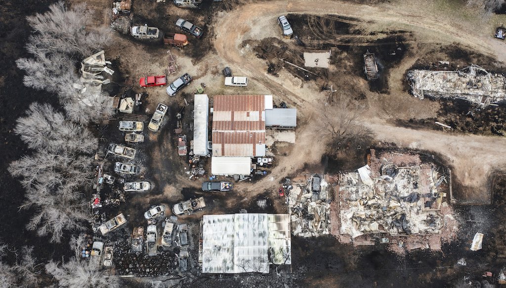 Multiple vehicles and residences are seen destroyed by the Smokehouse Creek Fire in Canadian, Texas, Feb. 29, 2024. (AP)
