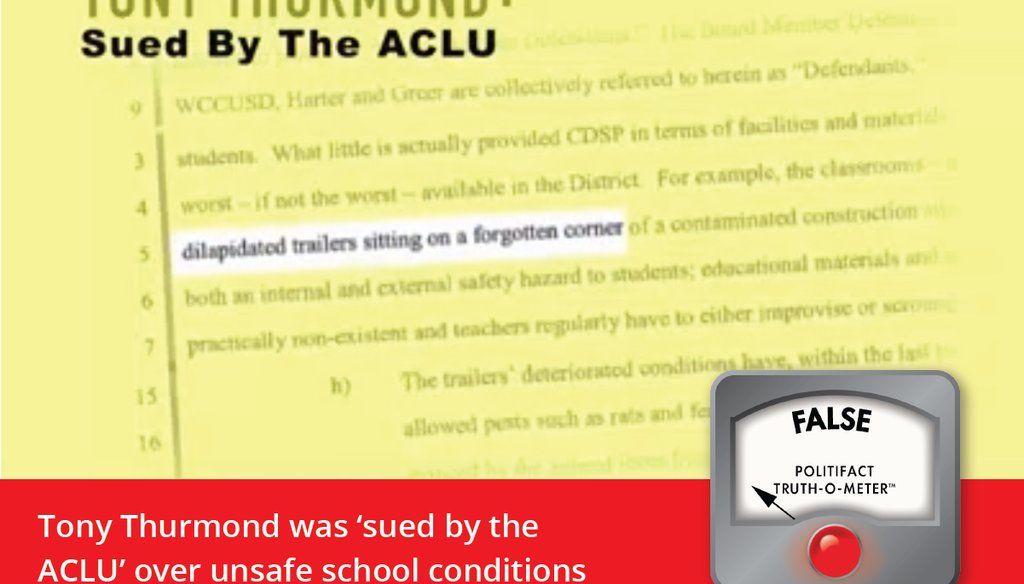 A recent TV attack ad by a group supporting Marshall Tuck falsely suggests Tony Thurmond was singled-out by the ACLU in a lawsuit. 