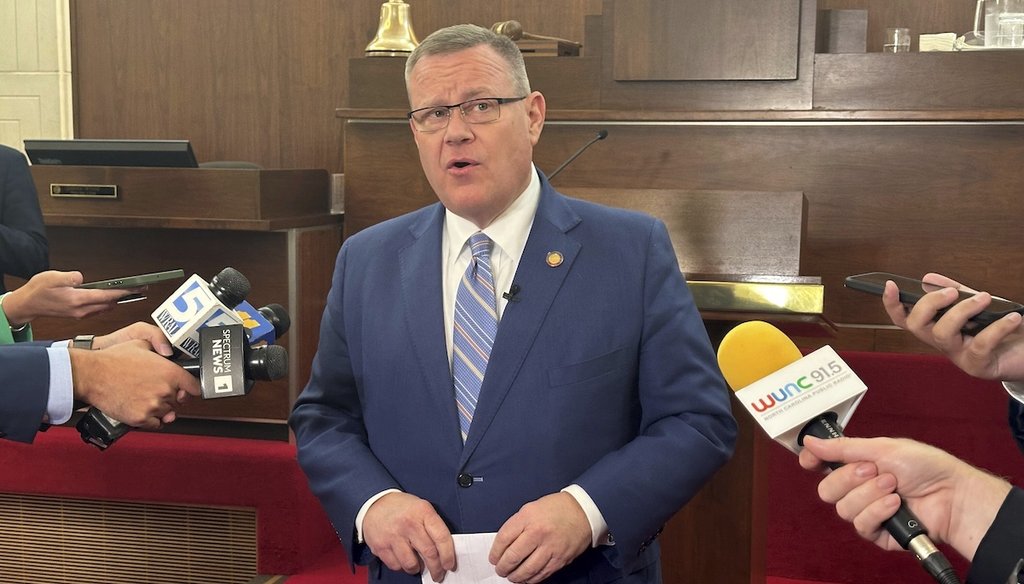 North Carolina House Speaker Tim Moore, R-Cleveland, speaks to reporters Sept. 11, 2024, at the Legislative Building in Raleigh, N.C. (AP)