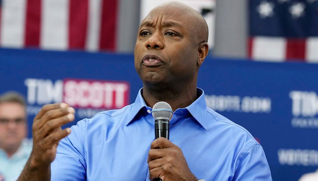 Republican presidential candidate Sen. Tim Scott, R-S.C., speaks during a town hall, May 8, 2023, in Manchester, N.H. (AP)
