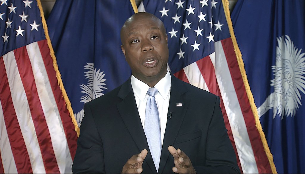 Sen. Tim Scott, R-S.C., delivers the Republican response to President Joe Biden's speech to a joint session of Congress on Wednesday, April 28, 2021, in Washington. (Senate Television video via AP)