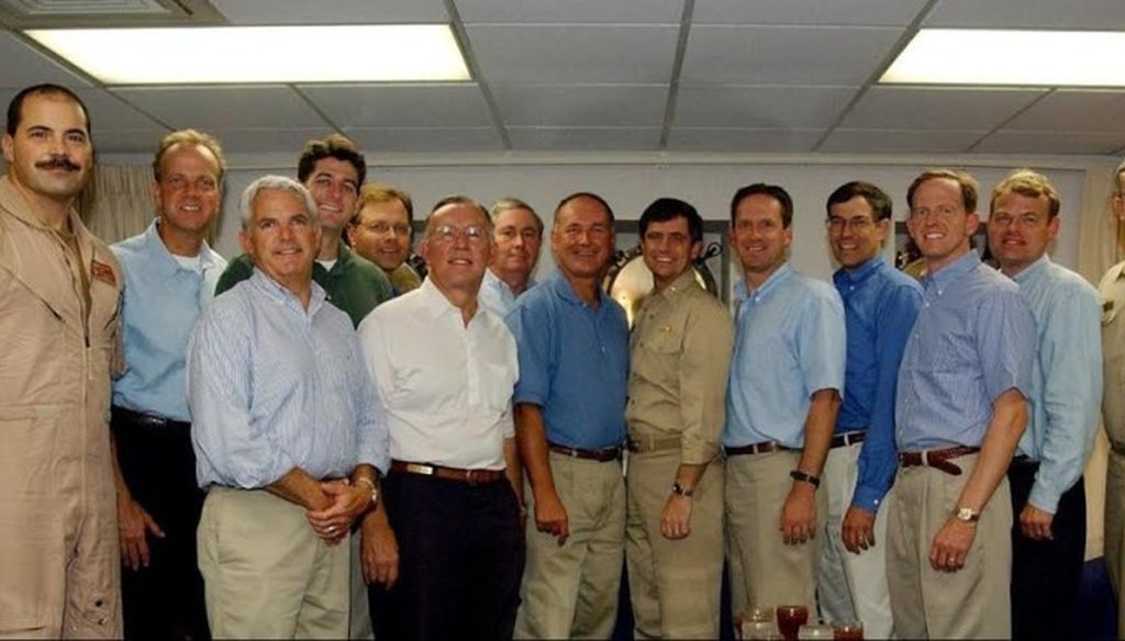 Sen. Pat Toomey, fourth from the right, visits Joe Sestak, center, in the Gulf in 2002. Current Speaker of the House Paul Ryan, fourth from the left, was also present. Provided by Joe Sestak's campaign.