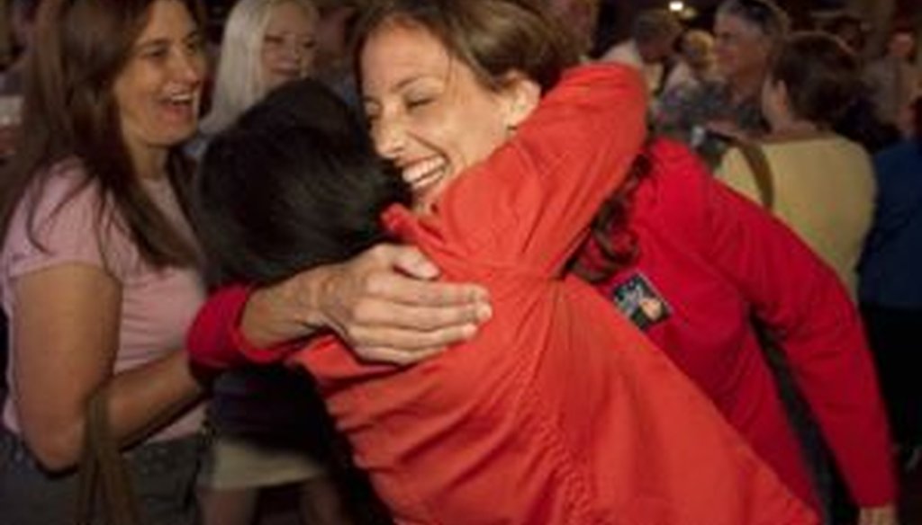 Austin City Council candidate Kathie Tovo, right, hugs council member Sheryl Cole at Tovo's election results party on May 14. She's headed into a June 18 runoff race against incumbent Randi Shade.