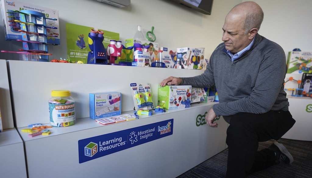Rick Woldenberg, CEO of Learning Resources, an educational toy company, looks at products manufactured in China, at a showroom in Vernon Hills, Ill., April 11, 2025. (AP)
