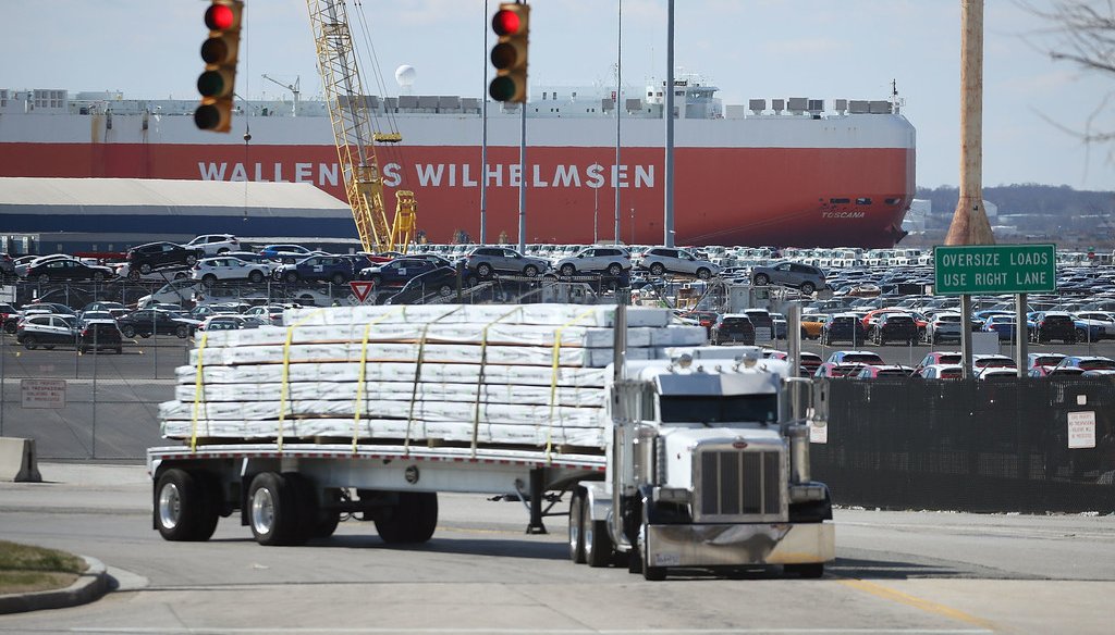 A loaded truck leaves the Dundalk Marine Terminal on March 9, 2018 in Baltimore, Maryland. U.S. President Donald Trump announced that he will impose tariffs of on imported steel and aluminum with some exemptions. (Getty)