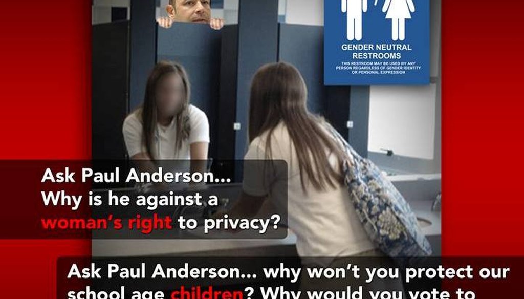 A campaign mail piece claiming that Republican Assemblyman Paul Anderson "supports" transgender bathrooms 