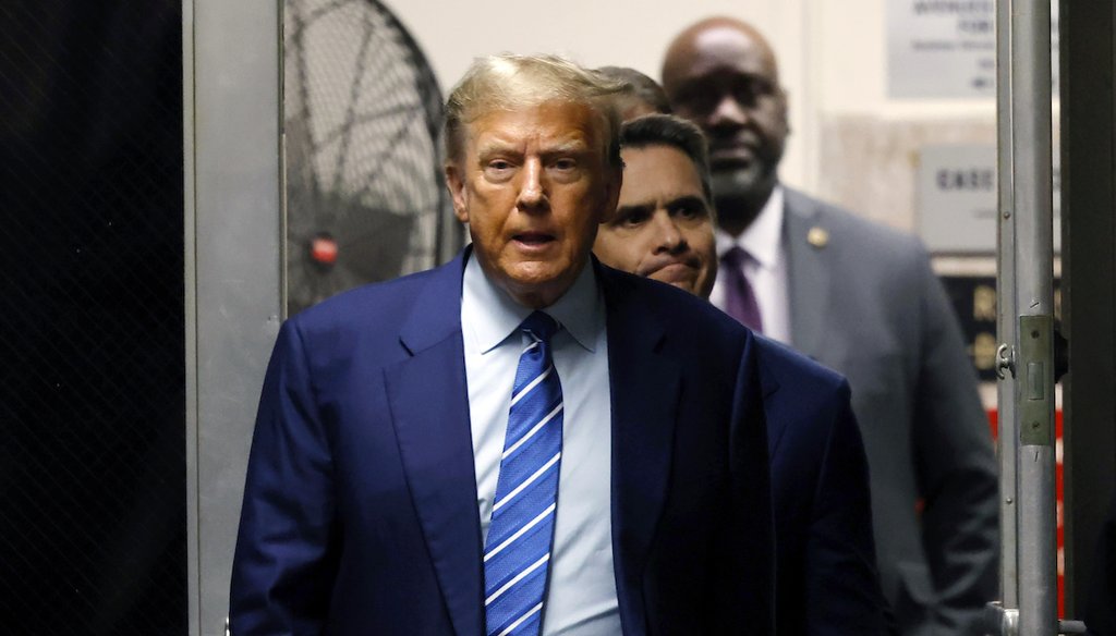 Former President Donald Trump returns to the courtroom after a break in the second day of jury selection in his hush money trial April 16, 2024, in New York. (AP)