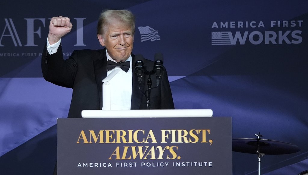 President-elect Donald Trump gestures after speaking during an America First Policy Institute gala at his Mar-a-Lago estate, Nov. 14, 2024, in Palm Beach, Fla. (AP)