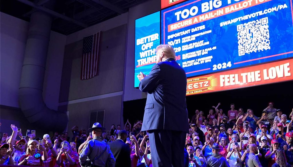 Republican presidential nominee Donald Trump stands onstage Sept. 23, 2024, at the Indiana University of Pennsylvania Ed Fry Arena in Indiana, Pa. (AP)