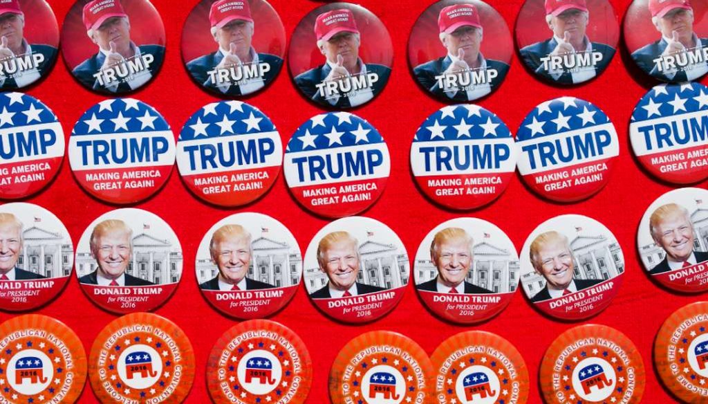  Pins supporting Republican presidential candidate Donald Trump are for sale at a campaign rally June 1, 2016 in Sacramento, Calif. (Elijah Nouvelage/Getty Images) 