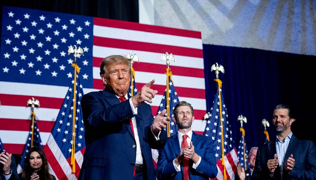 Republican presidential front-runner and former President Donald Trump appears Jan. 15, 2024, at a caucus night party in Des Moines, Iowa. (AP)