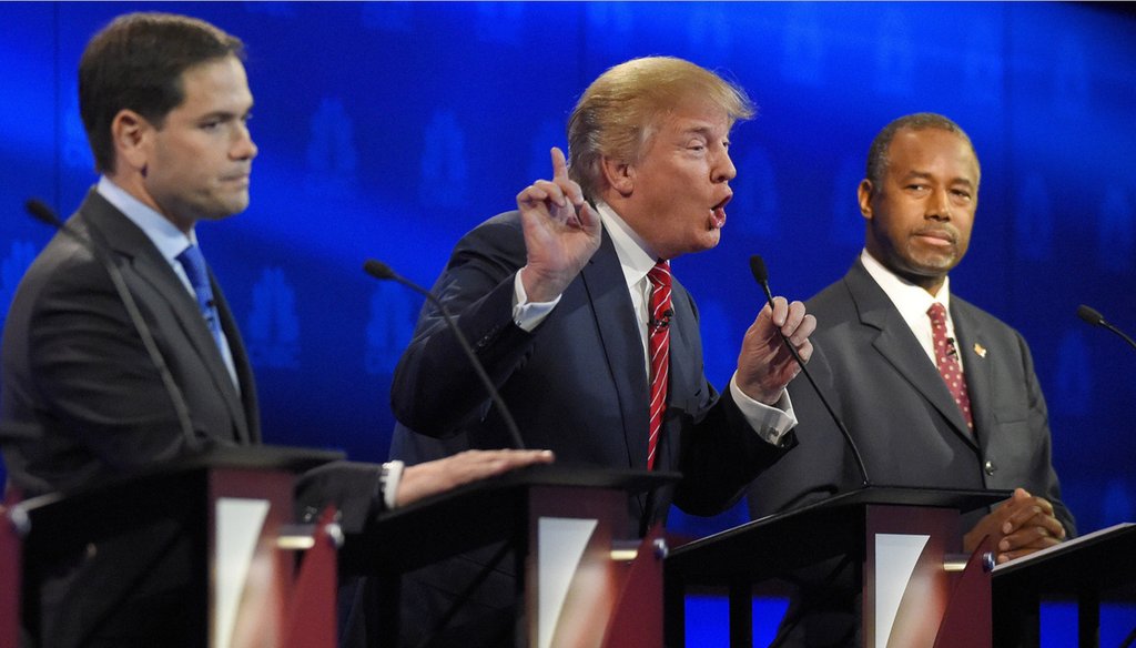 Republican presidential candidate Donald Trump makes a point at the third GOP debate, hosted by CNBC in Boulder, Colo., Oct. 28, 2015. (Mark J. Terrill/AP)