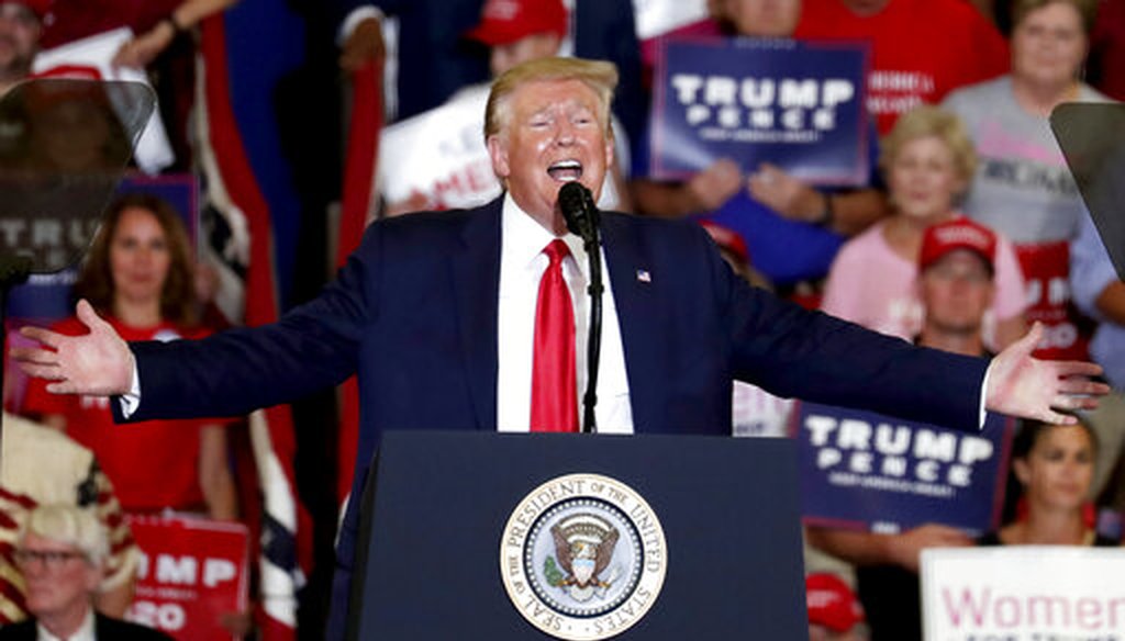 President Donald Trump speaks at a campaign rally in Fayetteville, N.C., on Sept. 9, 2019. (AP/Seward)