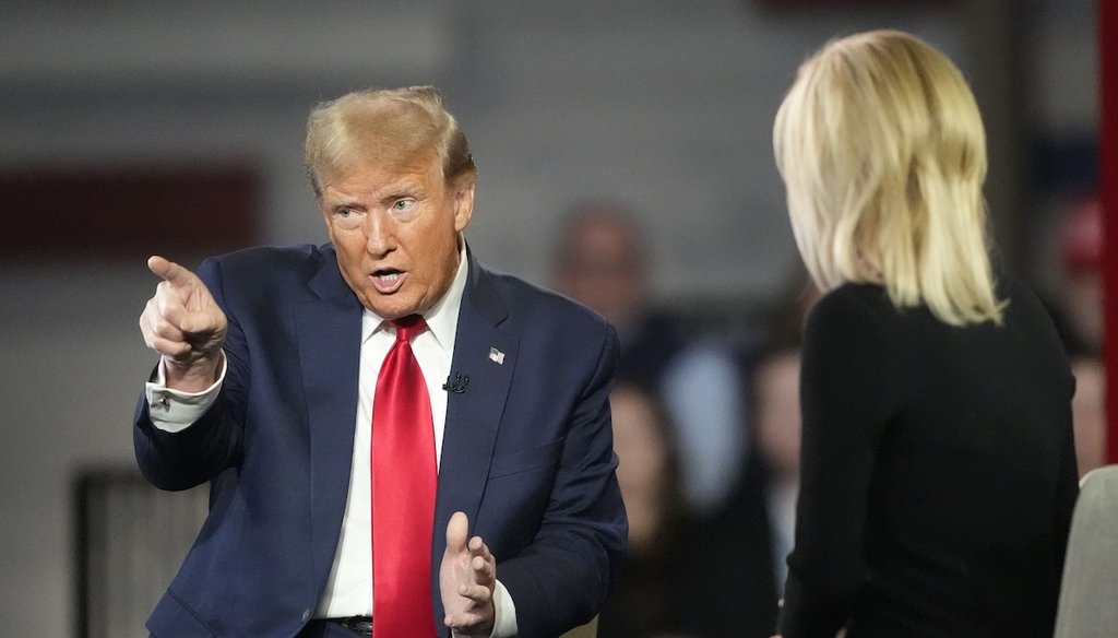 Republican presidential front-runner Donald Trump speaks Feb. 20, 2024, during a Fox News town hall in Greenville, S.C., with moderator Laura Ingraham. (AP)