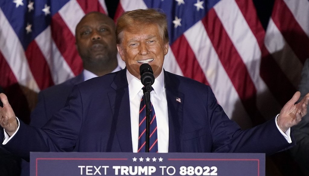 Republican presidential front-runner and former President Donald Trump speaks Jan. 23, 2024, at a primary election night party in Nashua, N.H. (AP)