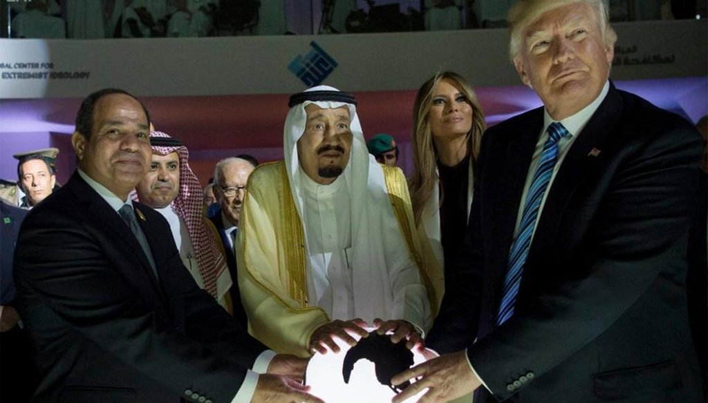 Egyptian President Abdel Fattah al-Sissi, Saudi Arabian King Salman, and President Donald Trump attend the opening ceremony for the Global Center for Combating Extremist Ideology in Saudia Arabia in May 2017. (Saudi Press Agency)