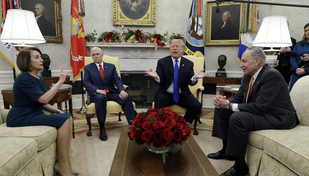 President Donald Trump and Vice President Mike Pence meet with Senate Minority Leader Chuck Schumer, D-N.Y., and House Minority Leader Nancy Pelosi, D-Calif., in the Oval Office on Dec. 11, 2018. (AP)