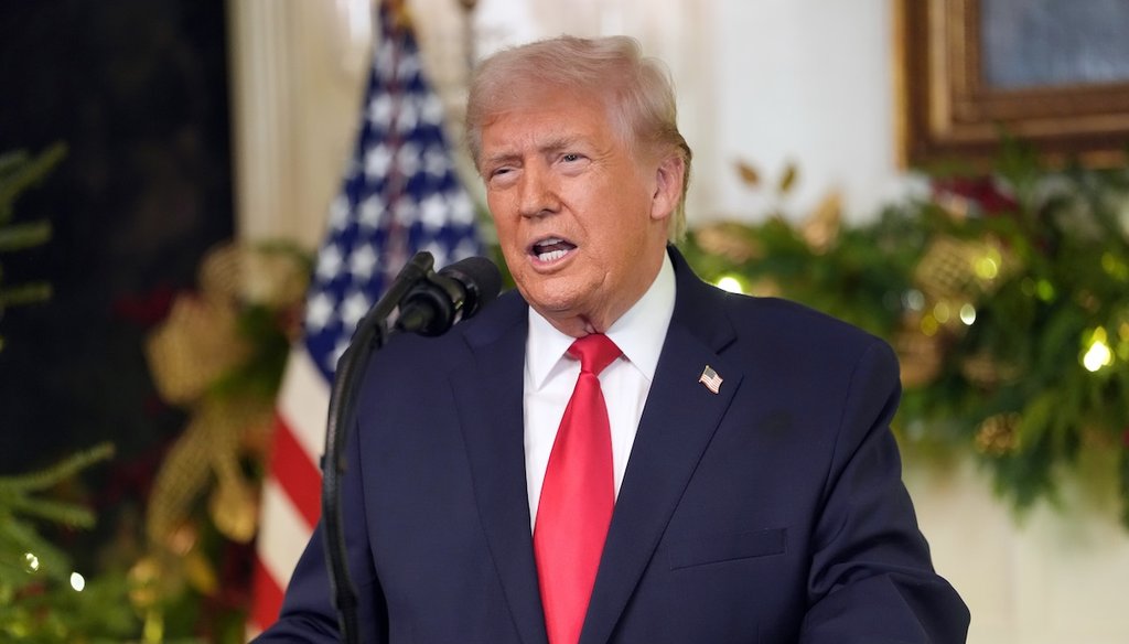 President Donald Trump speaks during an address to the nation from the Diplomatic Reception Room at the White House, Wednesday, Dec. 17, 2025, in Washington. (AP)