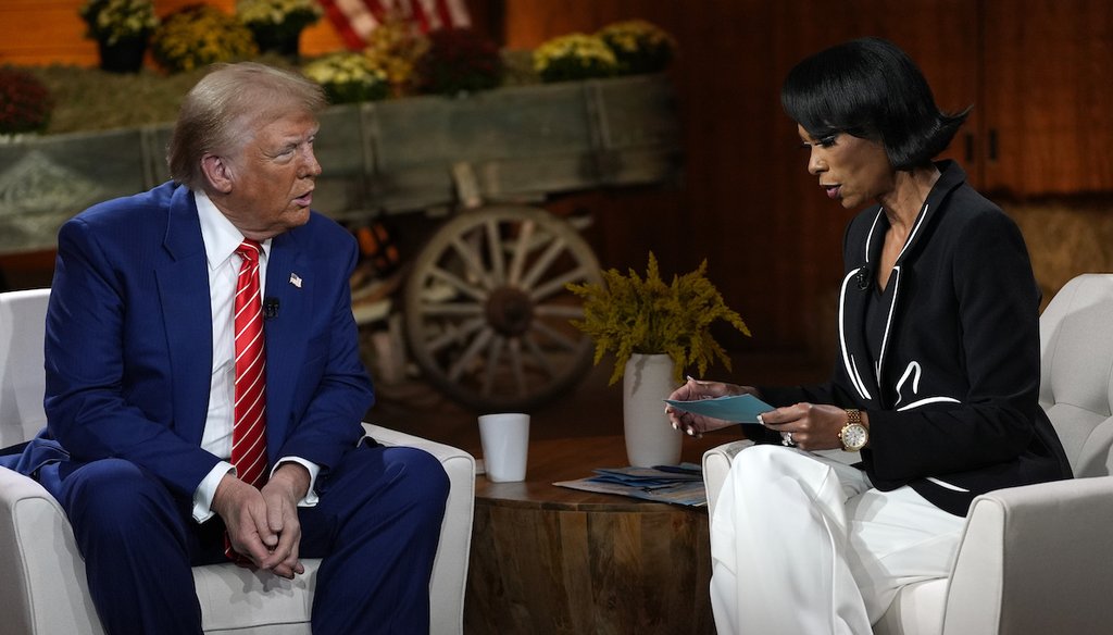 Republican presidential nominee former President Donald Trump speaks Oct. 15, 2024, during a break in a Fox News town hall with Harris Faulkner in Cumming, Ga. (AP)