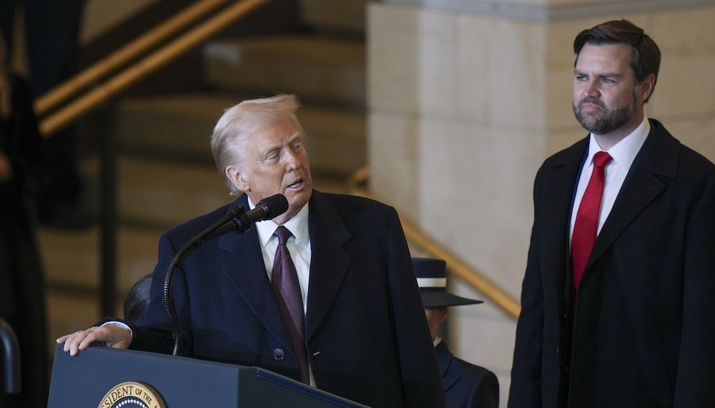 President Donald Trump speaks as Vice President JD Vance watches at Emancipation Hall on Jan. 20, 2025, after the presidential Inauguration at the U.S. Capitol. (AP)