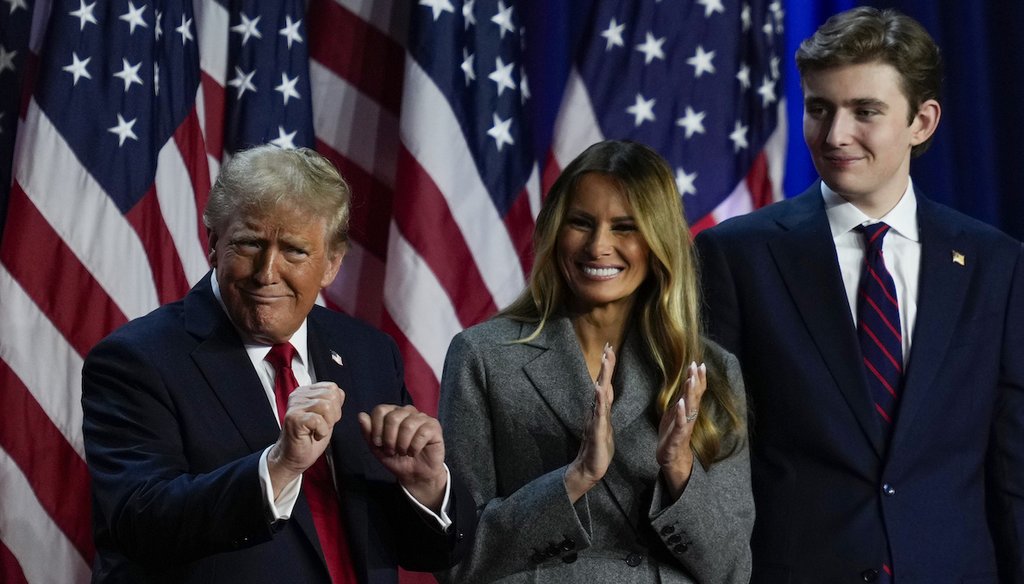 President-elect Donald Trump dances on stage with former first lady Melania Trump, center, and son Barron Trump at an election night watch party, Nov. 6, 2024, in West Palm Beach, Fla. (AP)