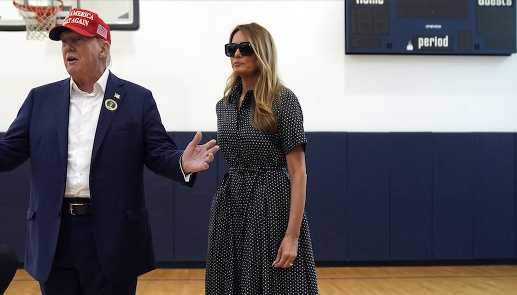 Former President Donald Trump, the Republican presidential nominee, and his wife, Melania, visit Trump’s campaign headquarters on Election Day, Nov. 5, 2024, in West Palm Beach, Fla. (AP)