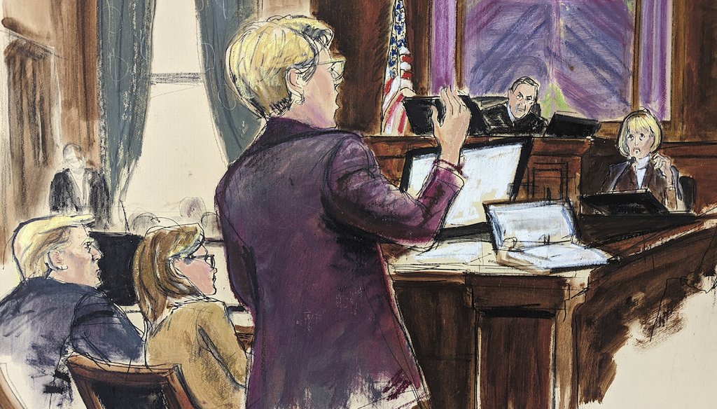 In this sketch, E. Jean Carroll is questioned by her lawyer Roberta Kaplan, center, in Federal Court in New York, Jan. 17, 2024. Former President Donald Trump is seated, left, with his attorney Alina Habba, as Judge Lewis Kaplan presides. (AP)