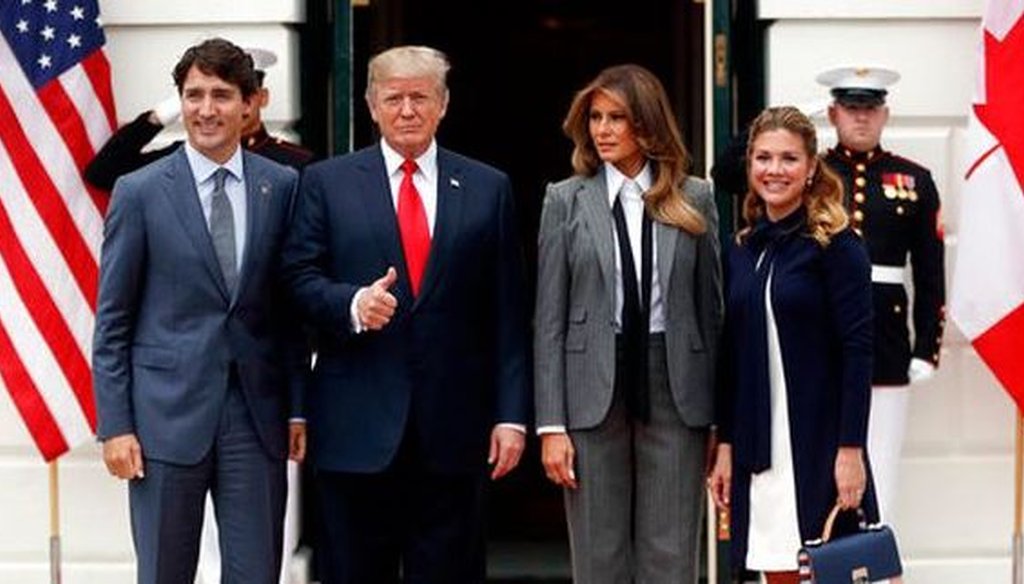 President Donald Trump and first lady Melania Trump welcome Canadian Prime Minister Justin Trudeau and his wife Sophie Gregoire Trudeau to the White House on Oct. 11, 2017. (AP/Pablo Martinez Monsivais)
