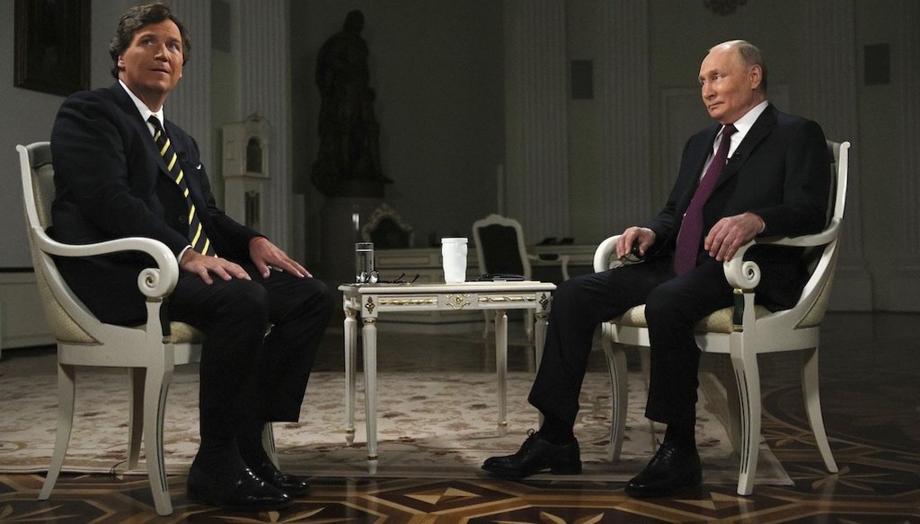 In this photo released by the Sputnik news agency on Feb. 9, 2024, Russian President Vladimir Putin, right, and former Fox News host Tucker Carlson prepare for an interview Feb. 6 at the Kremlin in Moscow. (Sputnik, Kremlin Pool Photo via AP)