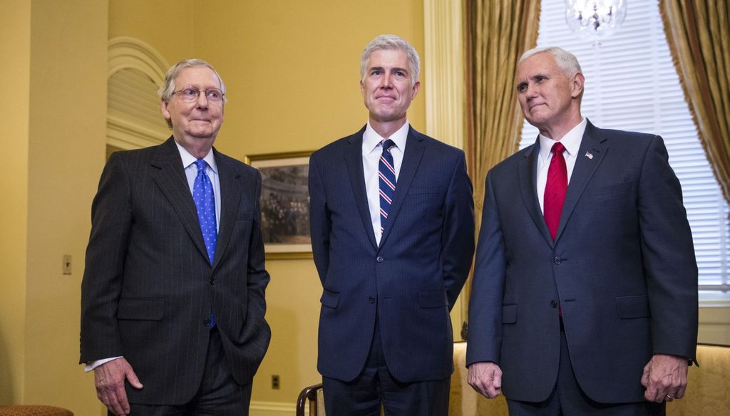 From left: Senate Majority Leader Mitch McConnell (R-Ky.), Judge Neil Gorsuch; the Supreme Court nominee and Vice President Mike Pence meet in in McConnell's office in the U.S. Capitol, in Washington, Feb. 1, 2017. (Al Drago/The New York Times) 