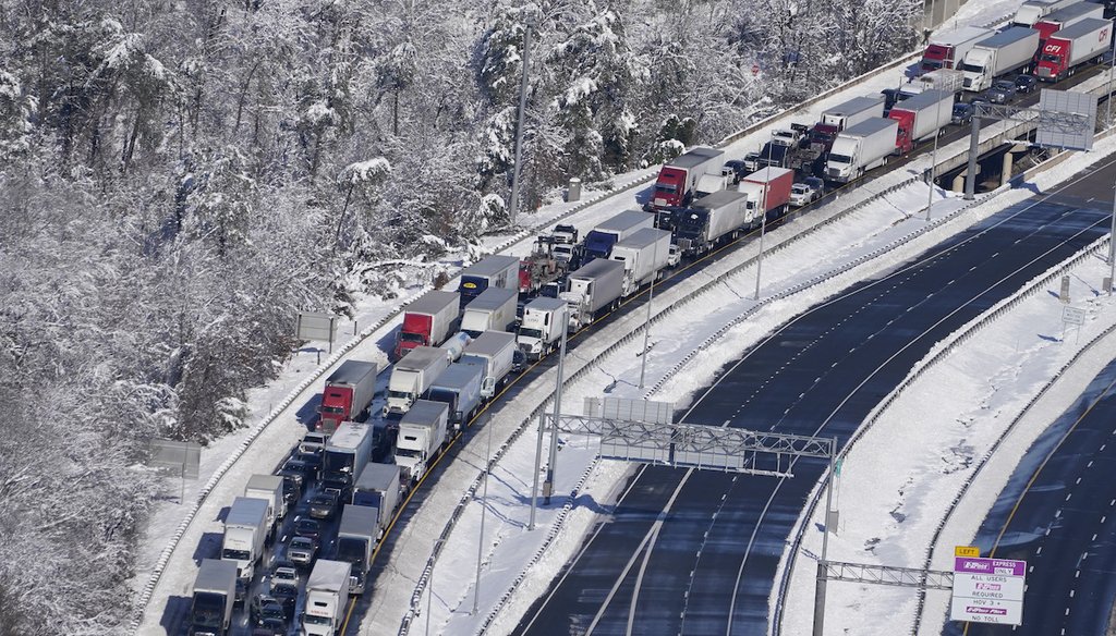 Cars and trucks are stranded on sections of Interstate 95 on Jan. 4, 2022, near Quantico, Virginia. Close to 48 miles of the highway was closed due to ice and snow. (AP )