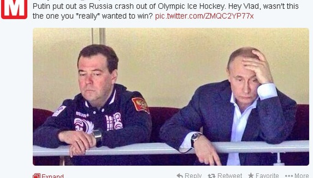 After the Russian hockey team was bounced from the Olympics hockey tournament without a medal Wednesday, a picture of a sad-looking Vladimir Putin and Dmitry Medvedev started making the rounds on Twitter.