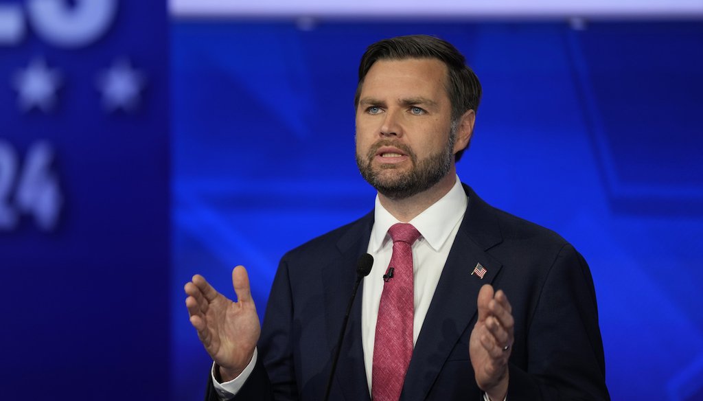 Republican vice presidential nominee Sen. JD Vance, R-Ohio, speaks during a vice presidential debate hosted by CBS News, with Democratic vice presidential candidate Minnesota Gov. Tim Walz, Tuesday, Oct. 1, 2024, in New York. (AP Photo/Matt Rourke)