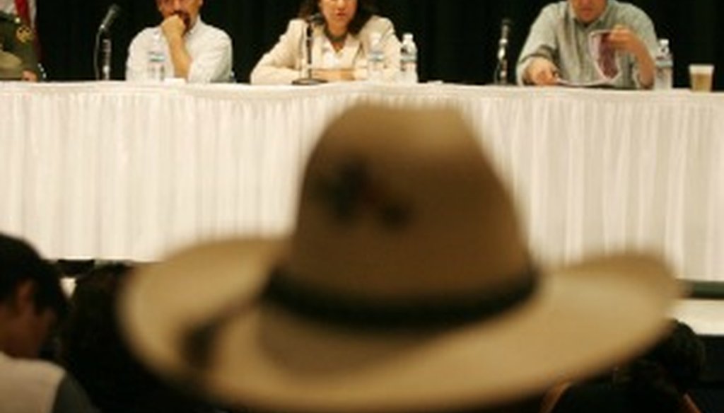 Veronica Escobar spoke about the U.S.-Mexico border fence at a 2008 gathering in El Paso (El Paso Times photo).
