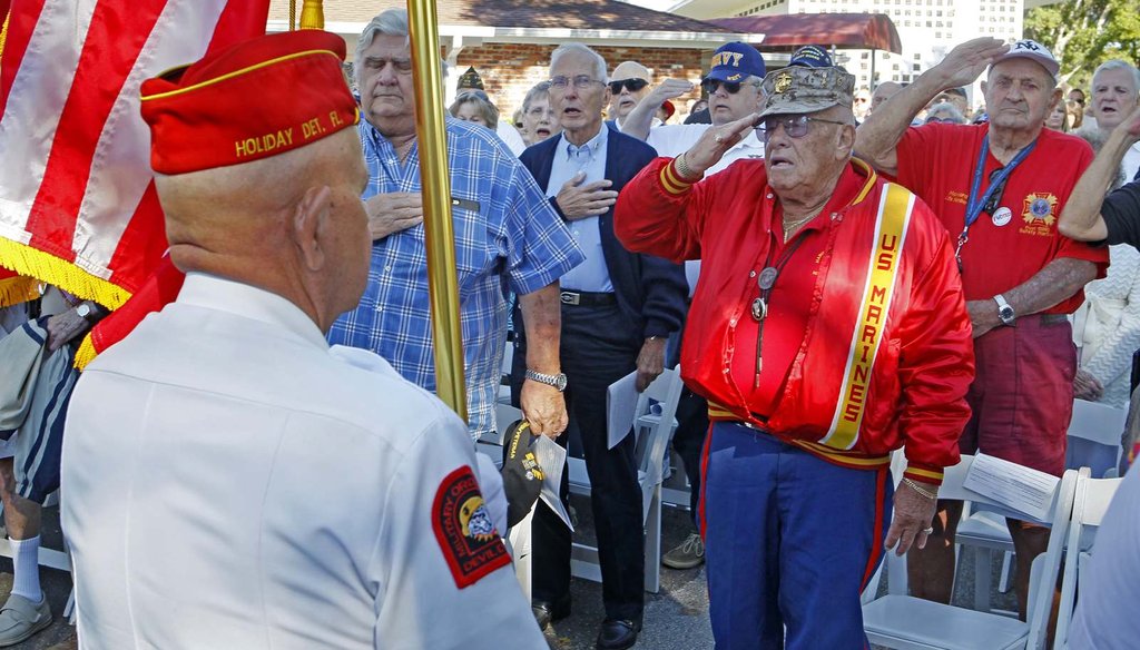 Korean War Marine veteran Alen Elfman salutes with other veterans as the Morris F. Dixon, Jr., Detachment Marine Corps League presents the colors during Veterans Day Services Nov. 11th, 2016, in Palm Harbor, Fla. (Jim Damaske/Tampa Bay Times)