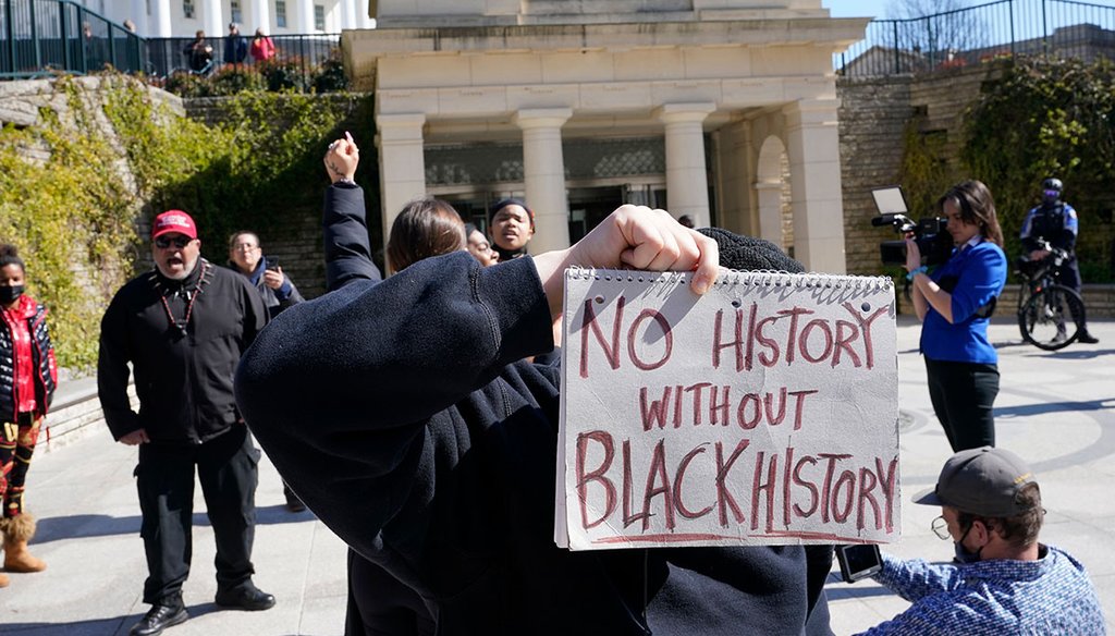 Demonstrators hold signs and chant as Legislators arrive at the Virginia Capitol on Feb. 28, 2022, in Richmond, Va. Demonstrators were asking for the teaching of black history in state schools. (AP)