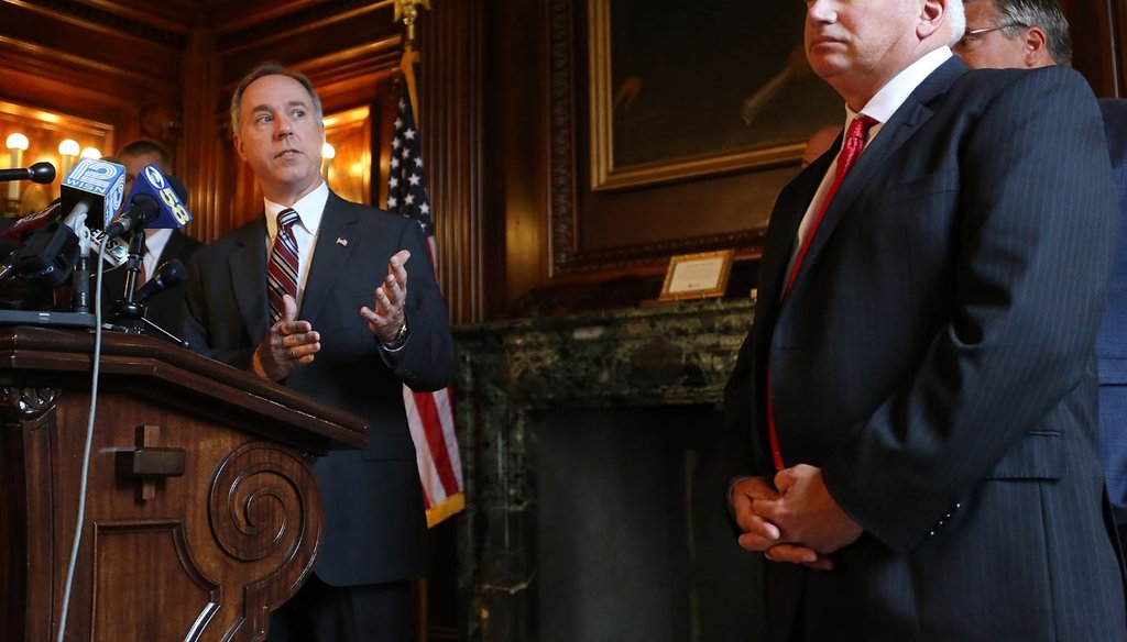 Wisconsin Assembly Speaker Robin Vos, R-Rochester, left, speaks at a 2015 press conference as Senate Majority Leader Scott Fitzgerald, R-Juneau, looks on. The legislative leaders blamed Evers for potential Foxconn changes in a Jan. 30, 2019, statement.