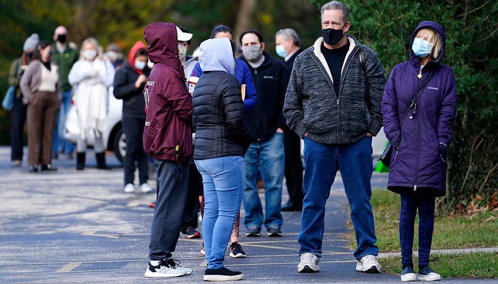People wait outside a polling place to cast their ballots in the 2020 on Election Day, Tuesday, Nov. 3, 2020, in Media, Pa. (AP)