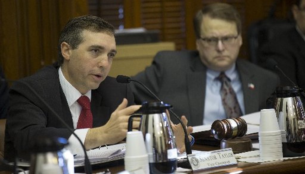 State Sen. Van Taylor (left) declared recently that he helped the Texas Senate advance the biggest tax cut in state history. Mostly False, we found. (Photo, Ricardo B. Brazziell, Austin American-Statesman).