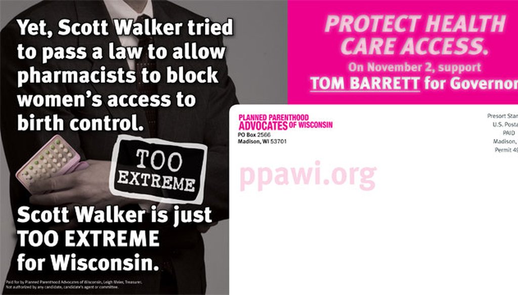 A direct mail piece from Planned Parenthood Advocates of Wisconsin against gubernatorial candidate Scott Walker