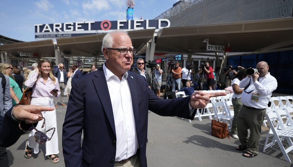 Minnesota Gov. Tim Walz arrives at a press conference near Target Field on June 24, 2024, ahead of the U.S. Gymnastics Olympic Trials in Minneapolis. (AP)