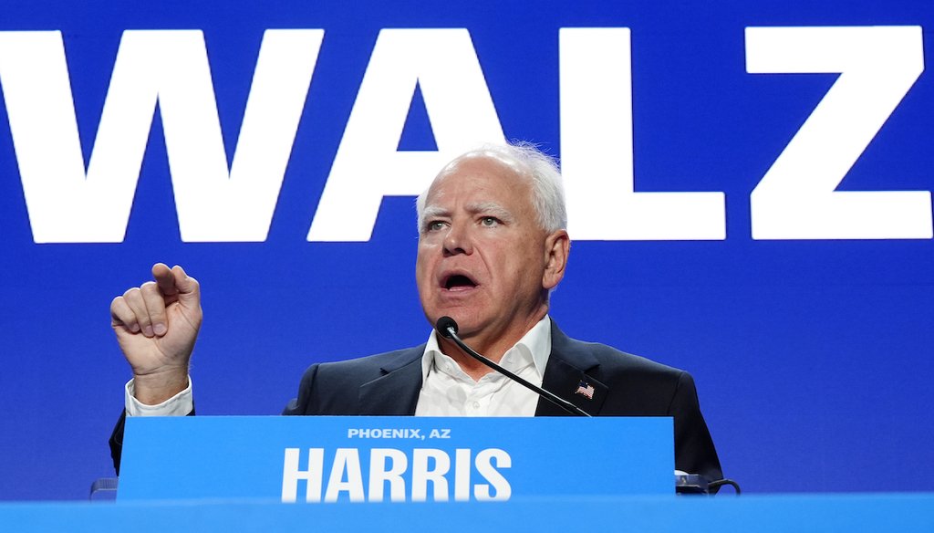 Democratic vice presidential candidate Minnesota Gov. Tim Walz speaks at a campaign event Sept. 10, 2024, in Mesa, Ariz. (AP)