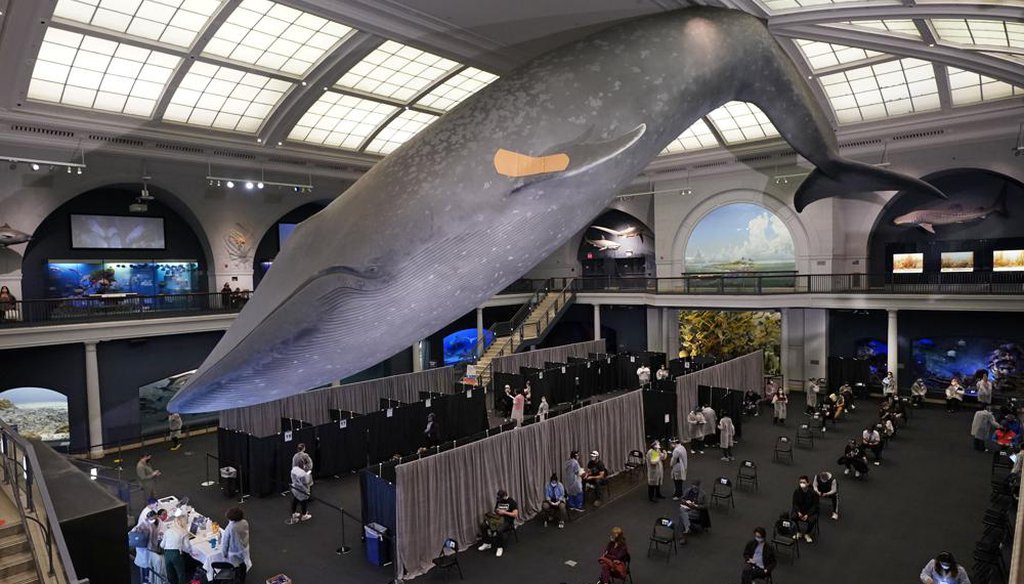 People rest in observation area after receiving COVID-19 vaccine at the American Museum of Natural History in New York. (AP)