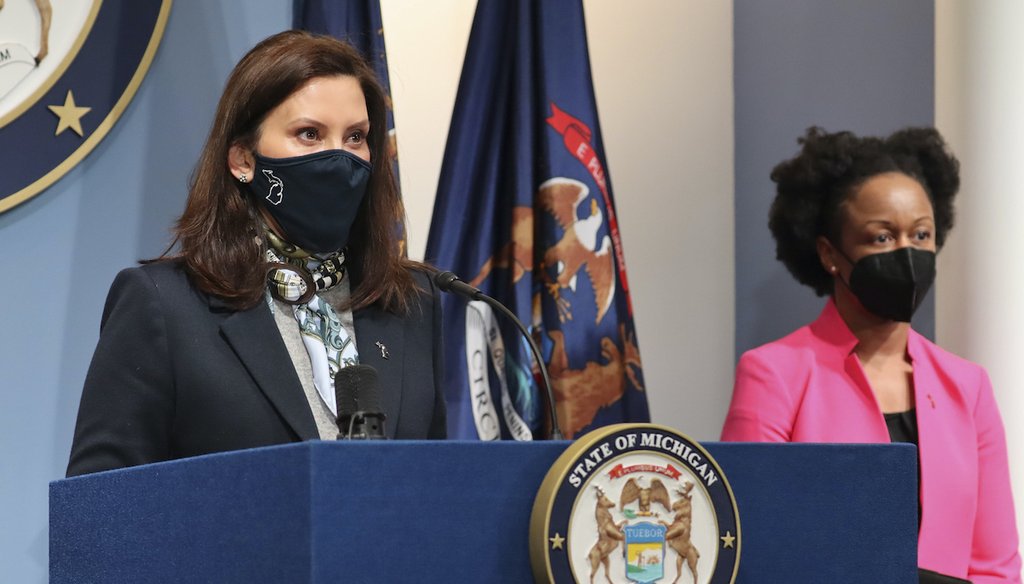 Michigan Gov. Gretchen Whitmer, with state Chief Medical Officer Dr. Joneigh Khaldun, addresses the COVID-19 crisis, April 14, 2021, in Lansing (Office of the Governor via AP)